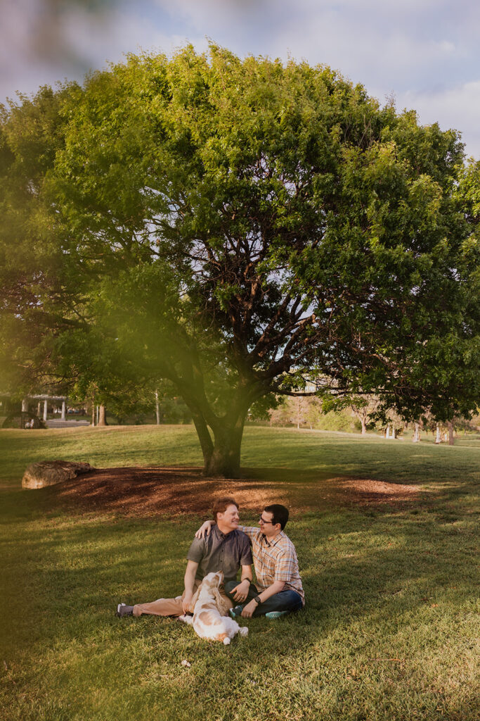 engagement photo with dog at mueller lake