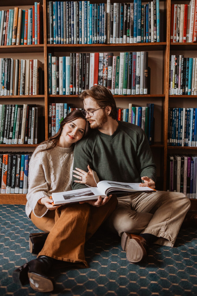 couple posing for engagment photo at the austin history center