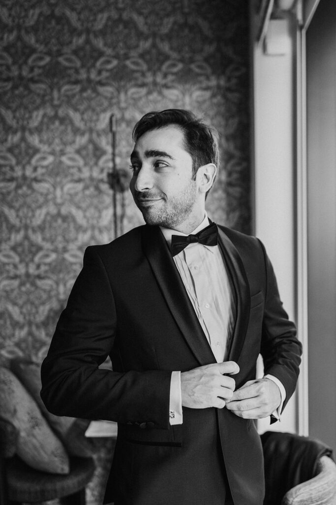 Groom getting ready for his wedding at Prospect Hotel