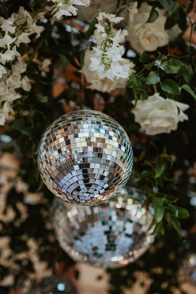 Disco ball decor at Barr Mansion wedding reception