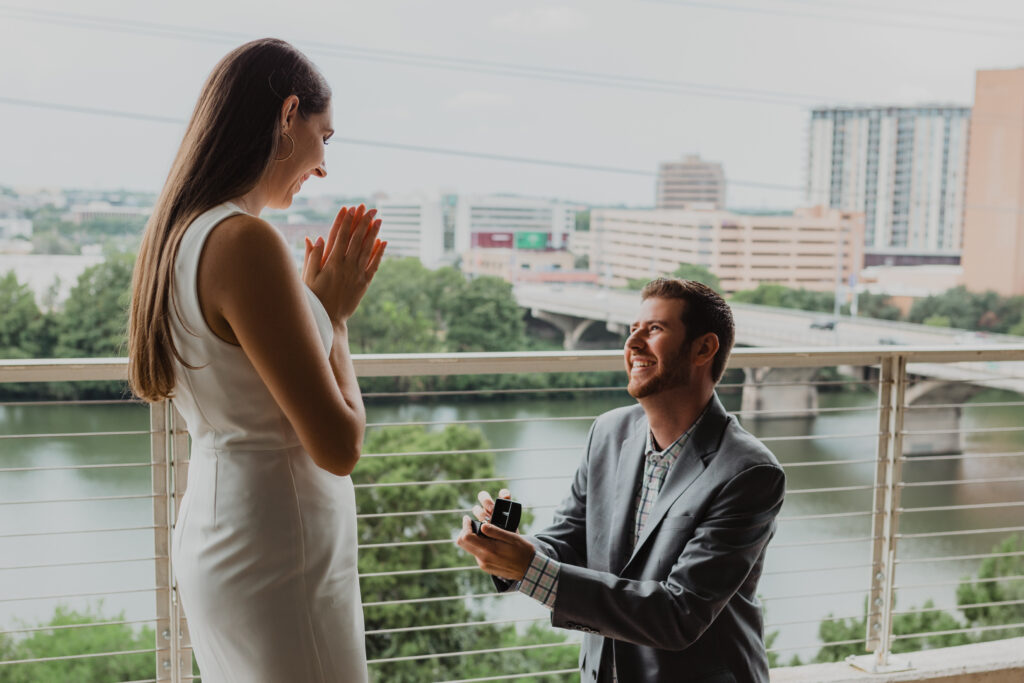 Man proposes to his girlfriend at P6, the rooftop bar at the Line Hotel in Austin, Texas
