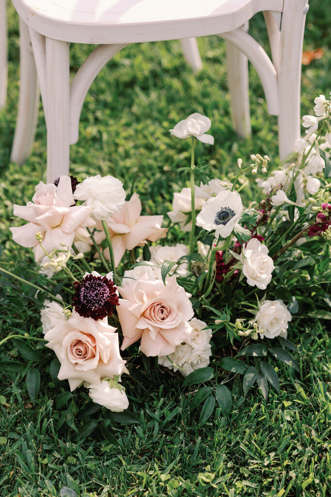 wedding ceremony floral arrangements for fantasy-inspired wedding at Barr Mansion