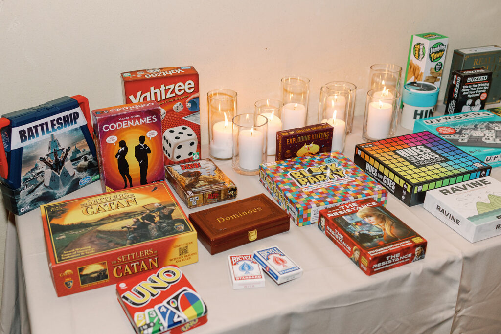 board game station at fantasy-inspired wedding 